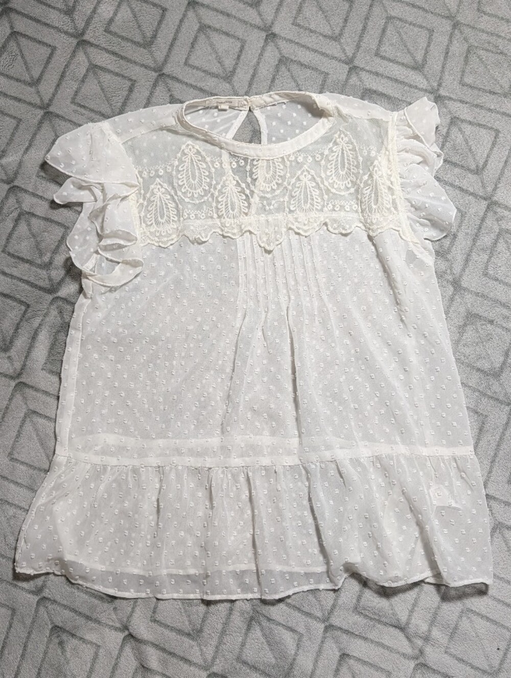Maurices Cream Swiss Dot Lace Trim Flutter Sleeve Blouse